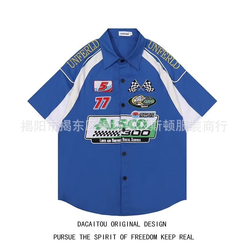 Generic American Style Retro hiphop Fried Street Racing Suit Shirt Mens Short-sleeved Summer Loose ins Trendy Brand Motorcycle Thin Shirt Green  - Image 2