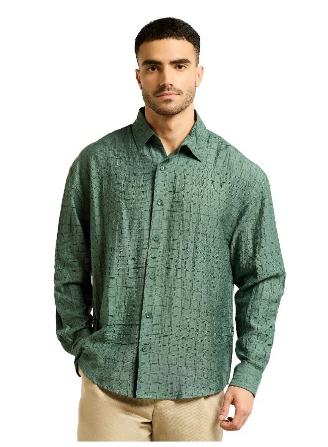 Beyoung Regent Green Textured Jacquard Shirt