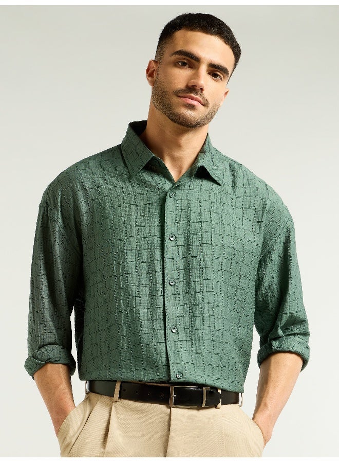 Beyoung Regent Green Textured Jacquard Shirt - Image 3