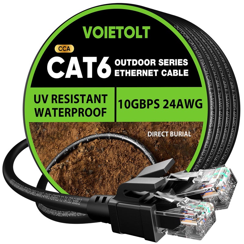 VOIETOLT كابل إيثرنت خارجي فئة 6 من VOIETOLT بطول 100 قدم، 24AWG بسرعة 10Gbps، كابل فئة 6 مقاوم للماء للدفن المباشر بغطاء LLDPE مقاوم للأشعة فوق البنفسجية، كابل شبكة إنترنت مع 20 رباط يدعم POE فئة 6 وفئة 5e وفئة 5، CCA، UTP للكمبيوتر الشخصي - Image 1