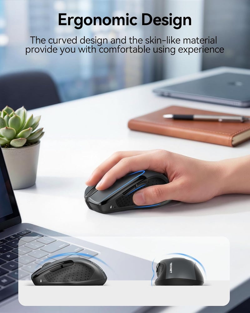TECKNET Wireless Mouse, 2.4G Ergonomic Optical Mouse, Computer Mouse for Laptop, PC, Computer, Chromebook, Notebook, 6 Buttons, 24 Months Battery Life, 2600 DPI, 5 Adjustment Levels, Grey - Image 2