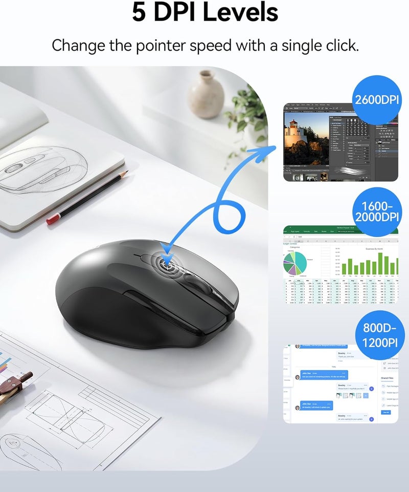 TECKNET Wireless Mouse, 2.4G Ergonomic Optical Mouse, Computer Mouse for Laptop, PC, Computer, Chromebook, Notebook, 6 Buttons, 24 Months Battery Life, 2600 DPI, 5 Adjustment Levels, Grey - Image 4