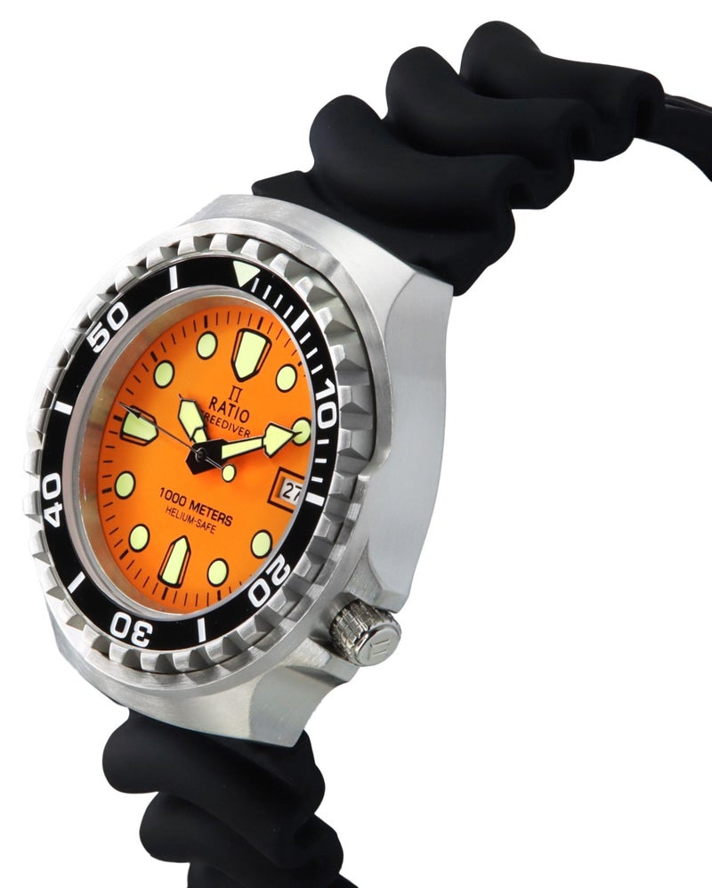 RATIO Men Analogue Black Band Freediver 2Nd Generation Diver Watch Sapphire Crystal Quartz Movemen 1000M Water Resistant Dive Watches (Orange) - Image 3