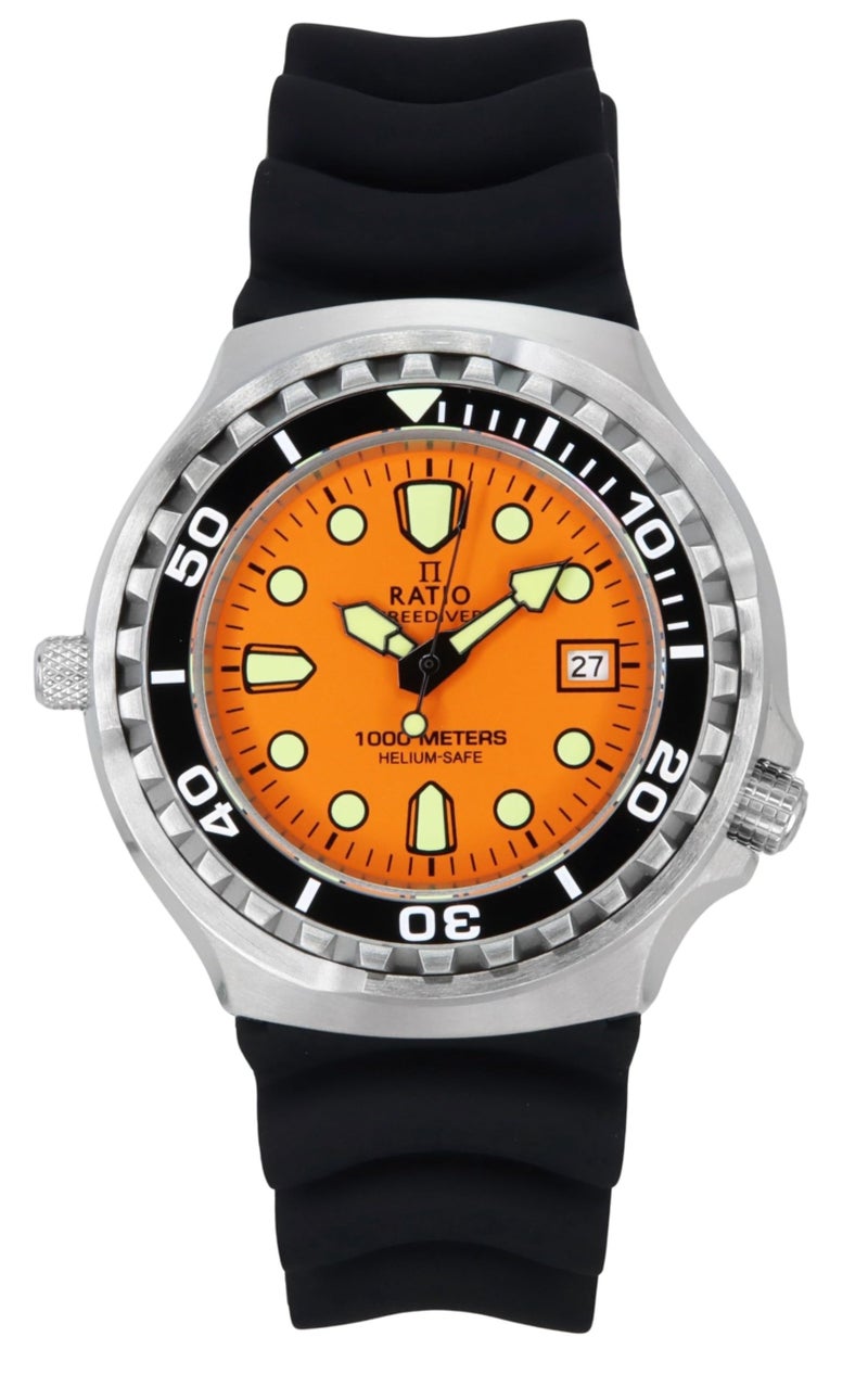 RATIO Men Analogue Black Band Freediver 2Nd Generation Diver Watch Sapphire Crystal Quartz Movemen 1000M Water Resistant Dive Watches (Orange) - Image 1