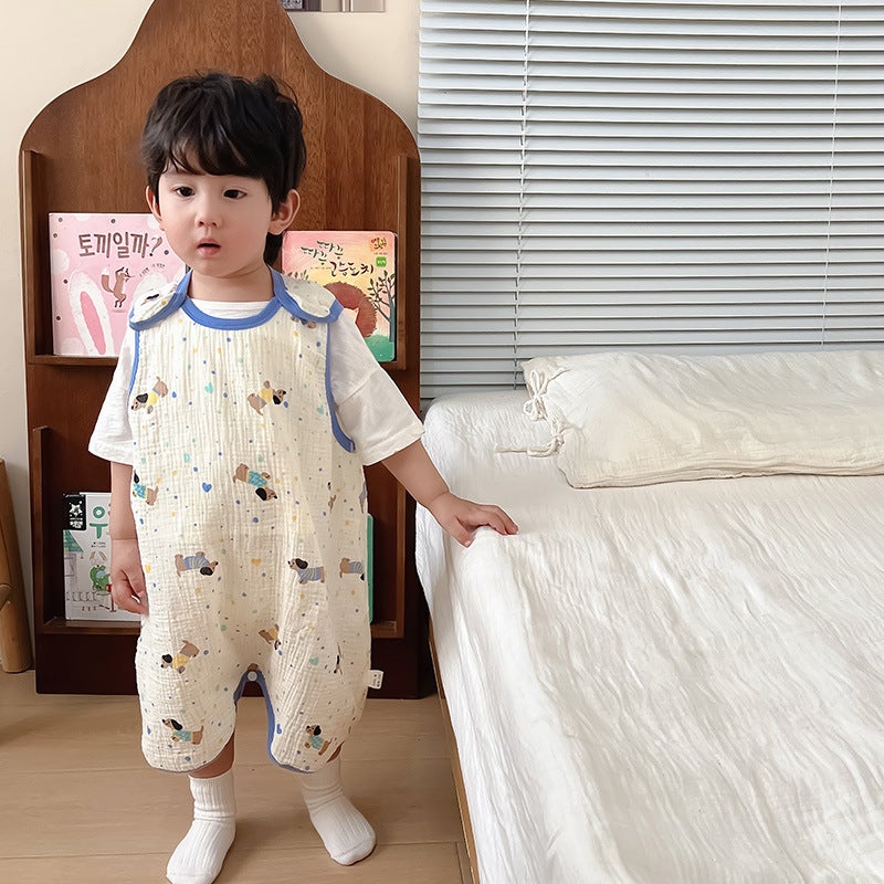 Baby Vest Sleeping Bag Summer Thin Gauze Pure Cotton Baby Kick-proof Sleeveless Childrens Pajamas Air-conditioned Room Anti-cold Blue puppy (a seersucker) first four and last two