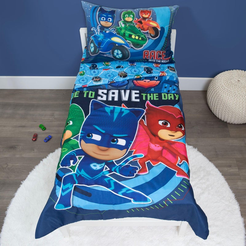 PJMASKS PJ Masks Time to Save The Day 4 Piece Toddler Bedding Set Includes Comforter Sheet Set Fitted and Top Reversible Pillow for Boys Bed Blue