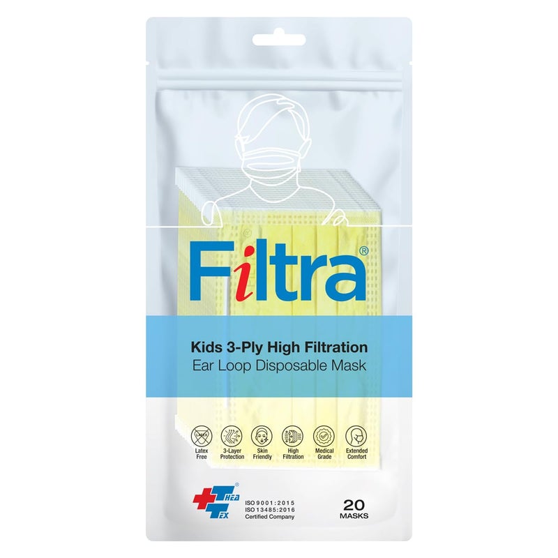 Filtra ® 3-Ply Ear Loop Kids Mask | Ages 3-18 | Kids Mask | Children's Mask | Ladies Mask | High Filtration | New extra tough courier packing | Travel Zip Lock Pouch of 20 Masks - Image 1