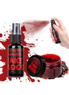 UNIMEIX 1 Oz Fake Blood Spray And 1 Oz Gel Fake Blood Makeup Kit Washable Sfx Makeup For Clothes Mouth Eyes，Stage Blood For Halloween Zombie Vampire Cosplay Party  - Image 1