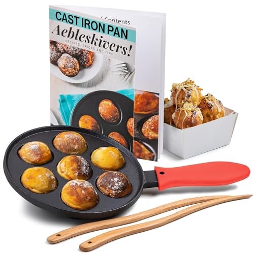 Upstreet Cast Iron Aebleskiver Pan - Ideal for Mini Pancake Mold, Cake Pop Pan, and Takoyaki Maker - Danish Stuffed (Red) - Image 1