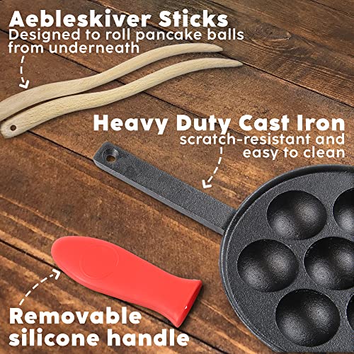Upstreet Cast Iron Aebleskiver Pan - Ideal for Mini Pancake Mold, Cake Pop Pan, and Takoyaki Maker - Danish Stuffed (Red) - Image 2