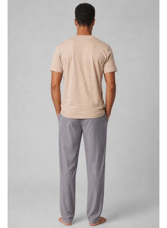 Aytuğ Men's Egyptian Cotton Striped Pajama Set Beige-Navy.