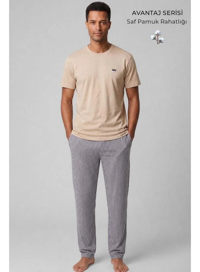Aytuğ Men's Egyptian Cotton Striped Pajama Set Beige-Navy.