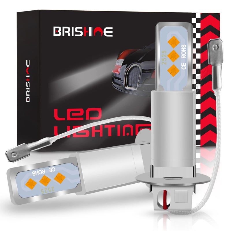 BRISHINE H3 LED Fog Light Bulbs Amber Yellow Extremely Bright 2525 Chips H3 LED Bulbs for Car Fog Lights Daytime Running Lights DRLPack of 2