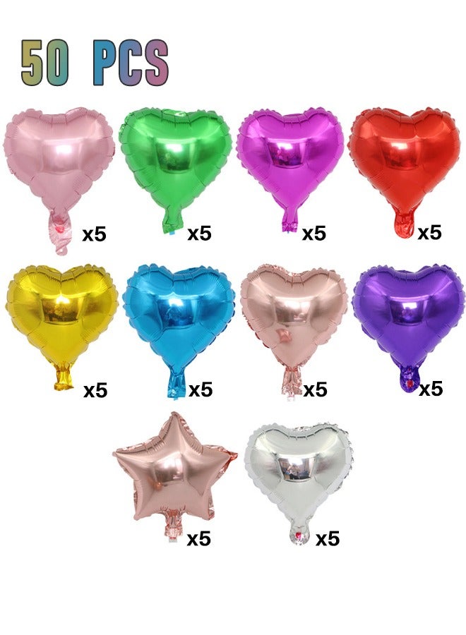 50 Piece Heart Shaped Foil Balloons 10 inch, Multicolored Balloons Colorful Aluminum Foil Mylar Holiday Balloons Decoration for Party Supplies, Birthday, Wedding, Baby Shower, Anniversaries (45 Hearts, 5 Star) - Image 1