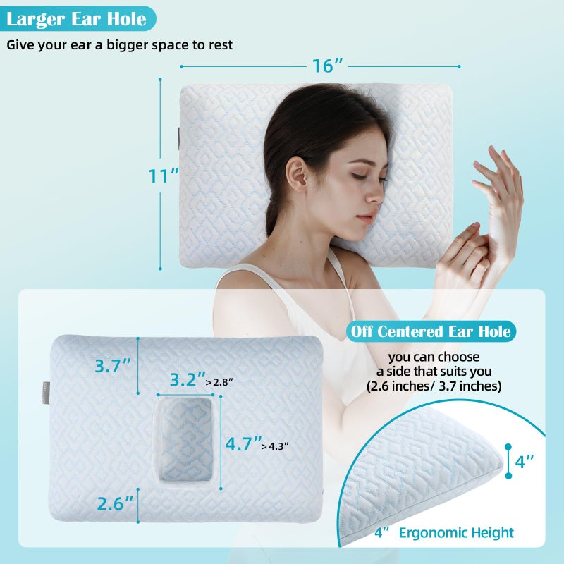 USlixury Piercing Pillow - Ear Piercing Pillow with Foam Plug, 4''H Ear Pillow with 4.7*3.2 and Off Center Ear Hole, Soft CertiPUR-US Memory Foam Piercing Pillow for Side Sleepers, Cooling Ear Pillow - Image 3