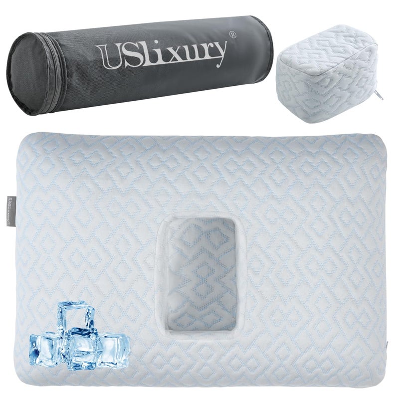 USlixury Piercing Pillow - Ear Piercing Pillow with Foam Plug, 4''H Ear Pillow with 4.7*3.2 and Off Center Ear Hole, Soft CertiPUR-US Memory Foam Piercing Pillow for Side Sleepers, Cooling Ear Pillow - Image 1