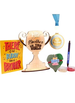 Regalo Casila Raksha Bandhan Combo Gift for Brother from Sister Best Brother in The World Trophy Cup Greeting Card Best Bro in The World Rakhi with Roli Chawal Best Brother Medal and Pen Birthday Gift for Brother 