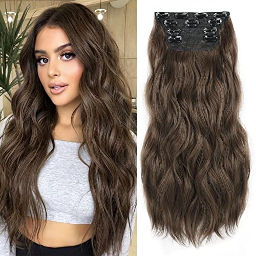 Long Wavy Clip in Synthetic Hair Extension Chestnut Brown 4pc Thick Hairpieces Double Weft Natural Hair Extensions 20inch for women20INCH 810