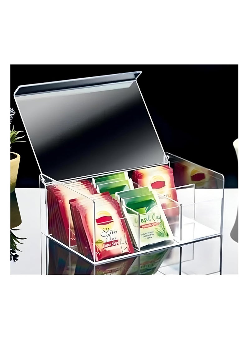 سبيس شوب صناديق تخزين، حاملات أكياس شاي أكريليك، علبة شاي، منظم أكياس شاي شفاف للمطبخ مع غطاء، 6 أقسام متينة. - Image 3