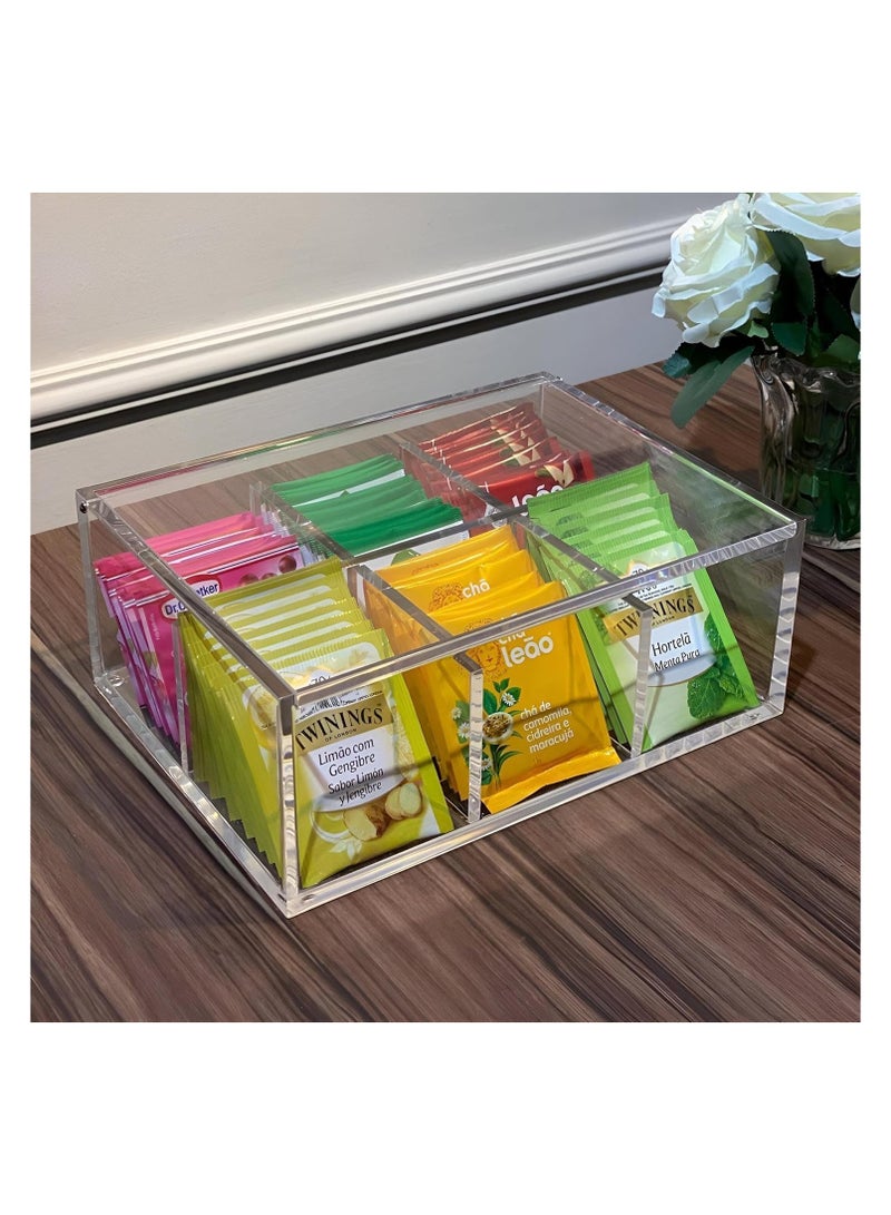 سبيس شوب صناديق تخزين، حاملات أكياس شاي أكريليك، علبة شاي، منظم أكياس شاي شفاف للمطبخ مع غطاء، 6 أقسام متينة. - Image 5