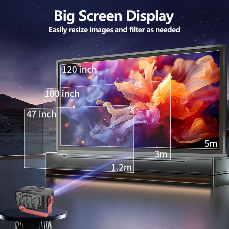 بروجيكتور محمول بدقة Full HD 4K للاستخدام الخارجي بقوة 150 ANSI يعمل بتقنية LED مع إضاءة خلفية ملونة (نظام الألوان)، مزود بخاصية WiFi، زاوية دوارة قابلة للتعديل 360 درجة، وتصحيح شبه المنحرف، مع قابس أمريكي. - Image 3