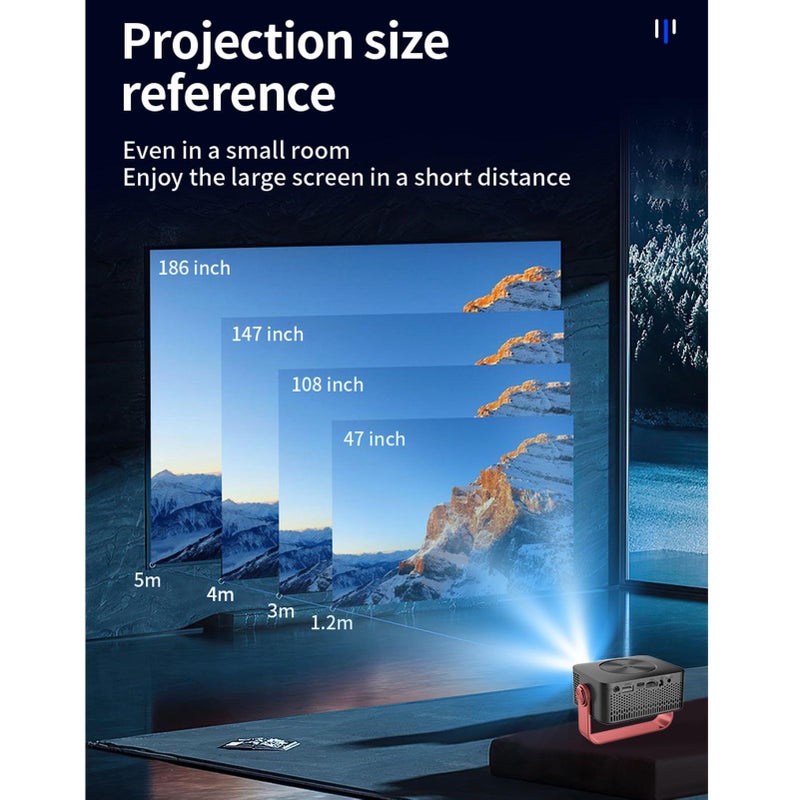بروجيكتور محمول بدقة Full HD 4K للاستخدام الخارجي بقوة 150 ANSI يعمل بتقنية LED مع إضاءة خلفية ملونة (نظام الألوان)، مزود بخاصية WiFi، زاوية دوارة قابلة للتعديل 360 درجة، وتصحيح شبه المنحرف، مع قابس أمريكي. - Image 5