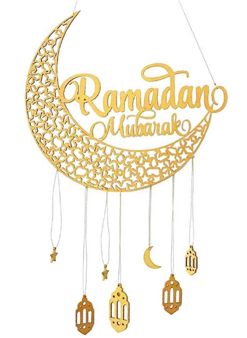HOMESTAR High - Quality Ramadan Hanging Decor Wooden Moon and Star - Shaped Lantern Sign with Eid Mubarak Message Perfect for Home and Party Decor  - Image 1