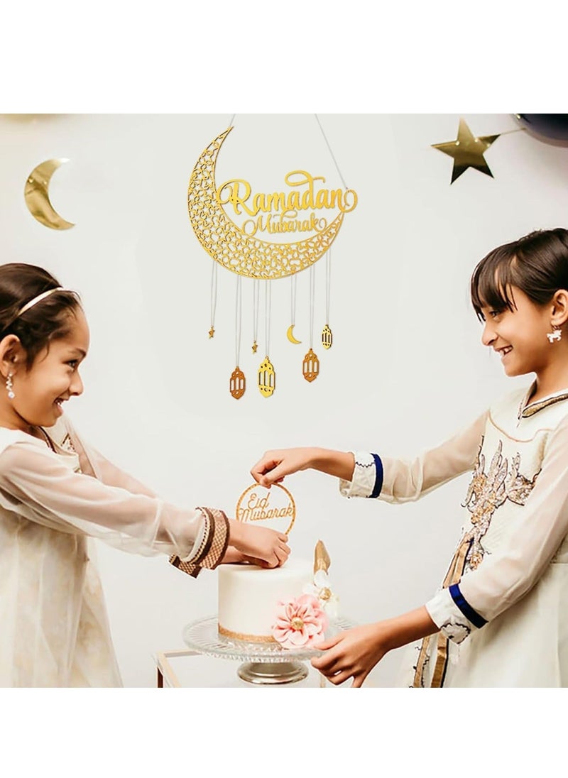 HOMESTAR High - Quality Ramadan Hanging Decor Wooden Moon and Star - Shaped Lantern Sign with Eid Mubarak Message Perfect for Home and Party Decor  - Image 2