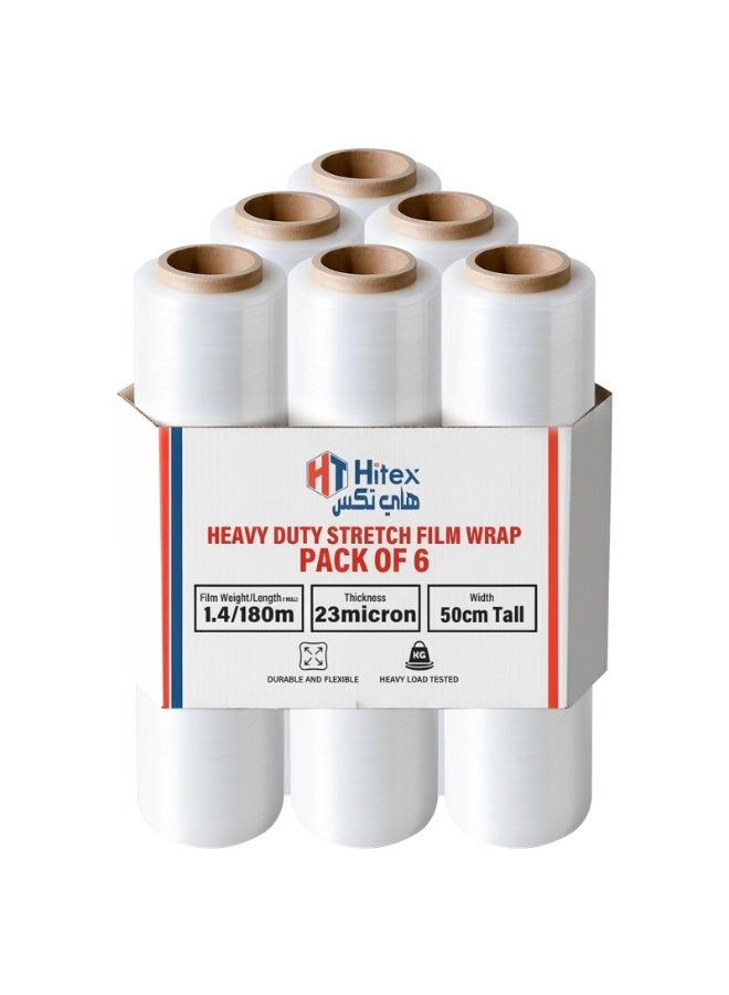 Hitex Stretch Film Roll Pack of 6 | 1.4kg Each Roll | 180 Meters Length | Heavy Duty Clear Pallet Wrap for Packing & Moving - Image 1