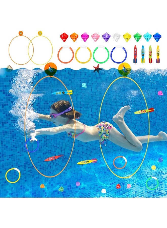 Cludoo 23Pcs Pool Toys Games For Kids, No Assembly Stability Swim Thru Rings, Pool Diving Toys For Kids 3,4,5,6,7,8,9,10,11,12 Swim Pool Toys For Kids Teens Adults Include Pool Torpedos Diving Gems - Image 1