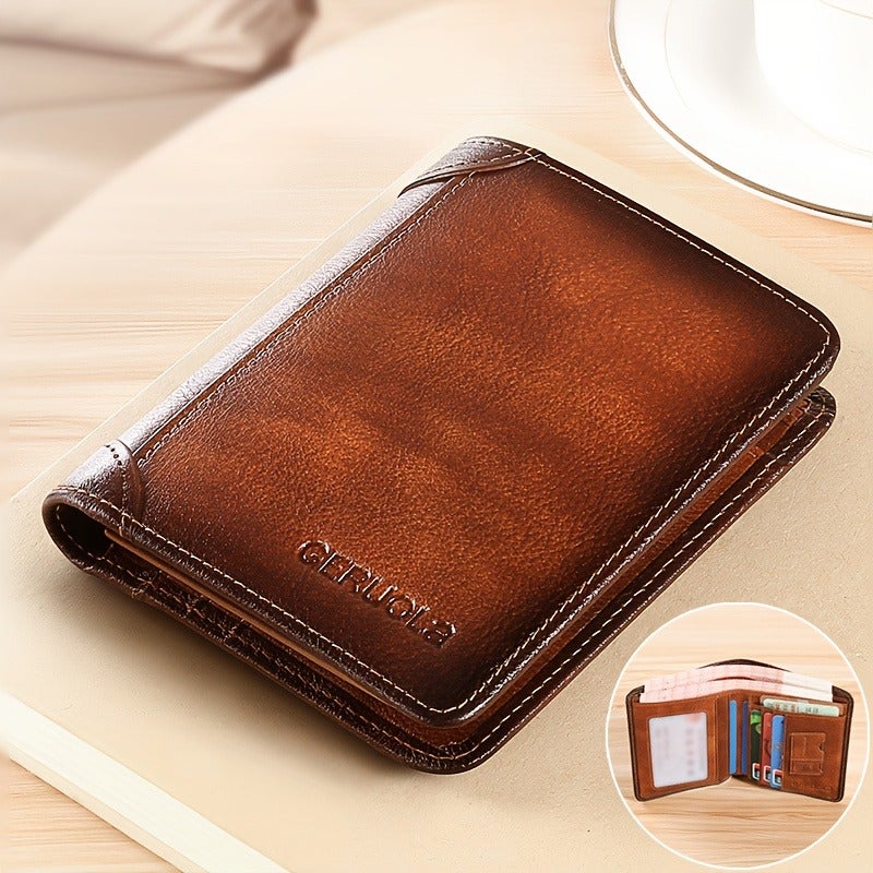 GERUOLA Men's Ultra-Slim RFID Anti-Theft Leather Wallet with ID Window, Gold Hardware, and Large Capacity - Image 1