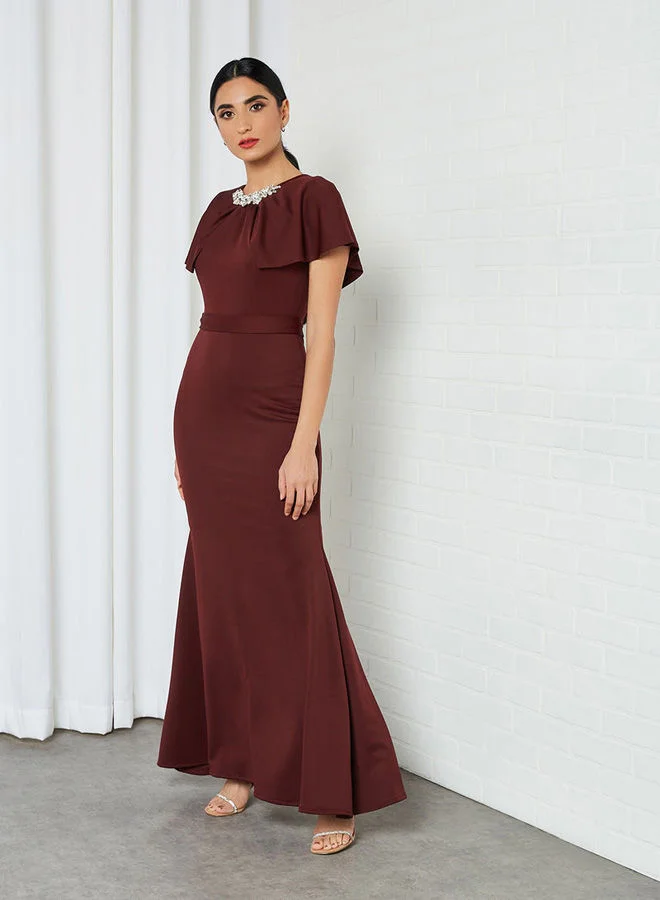 Generic Embellished Neckline Dress Burgundy