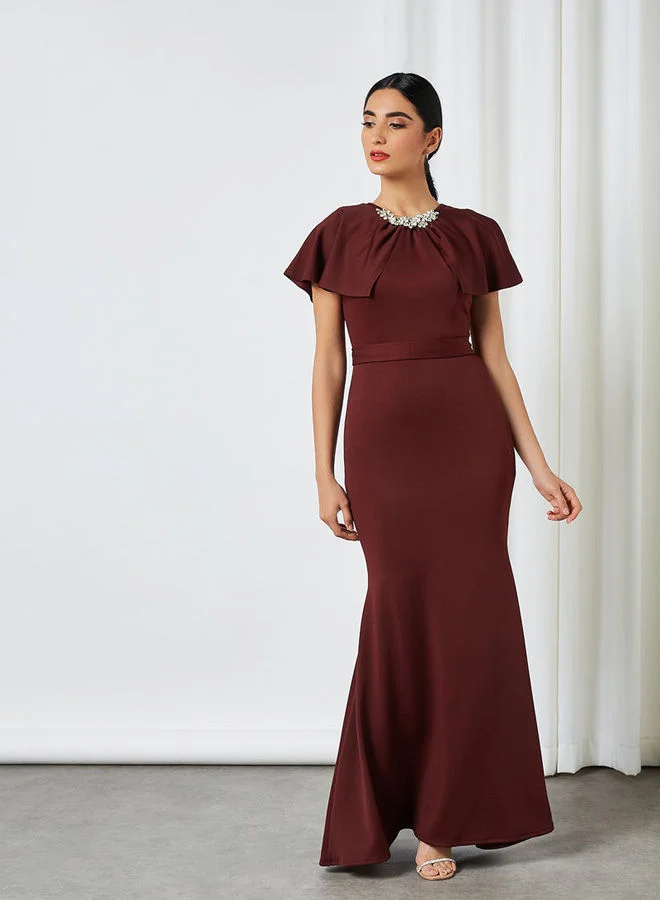 Generic Embellished Neckline Dress Burgundy