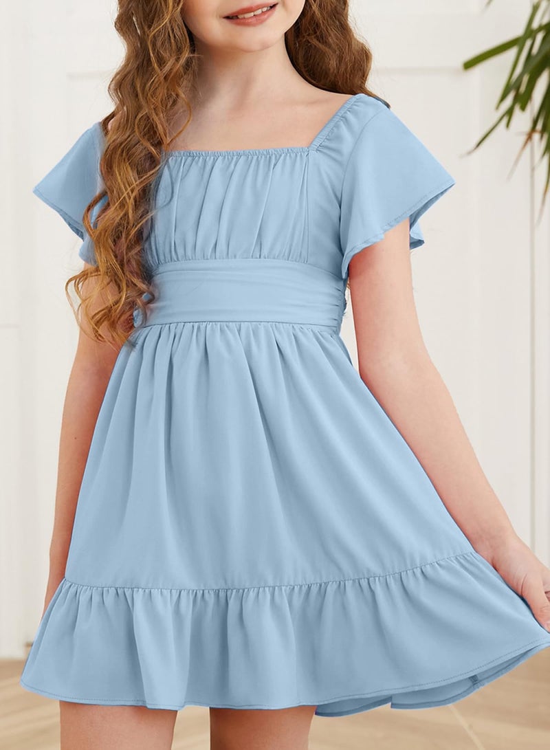 blibean Girls Summer Tie Back Dress Tween Kids Formal Boho Cold Shoulder Cute Dresses Ruffle Party Short Tulle Clothing Vestidos NiÃ±as Size 12-13 Years Old Baby Blue - Image 2