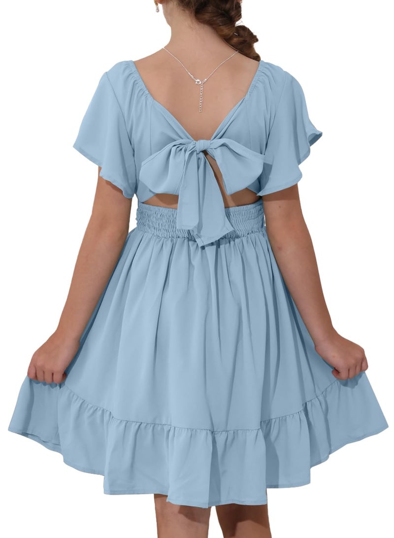 blibean Girls Summer Tie Back Dress Tween Kids Formal Boho Cold Shoulder Cute Dresses Ruffle Party Short Tulle Clothing Vestidos NiÃ±as Size 12-13 Years Old Baby Blue - Image 1