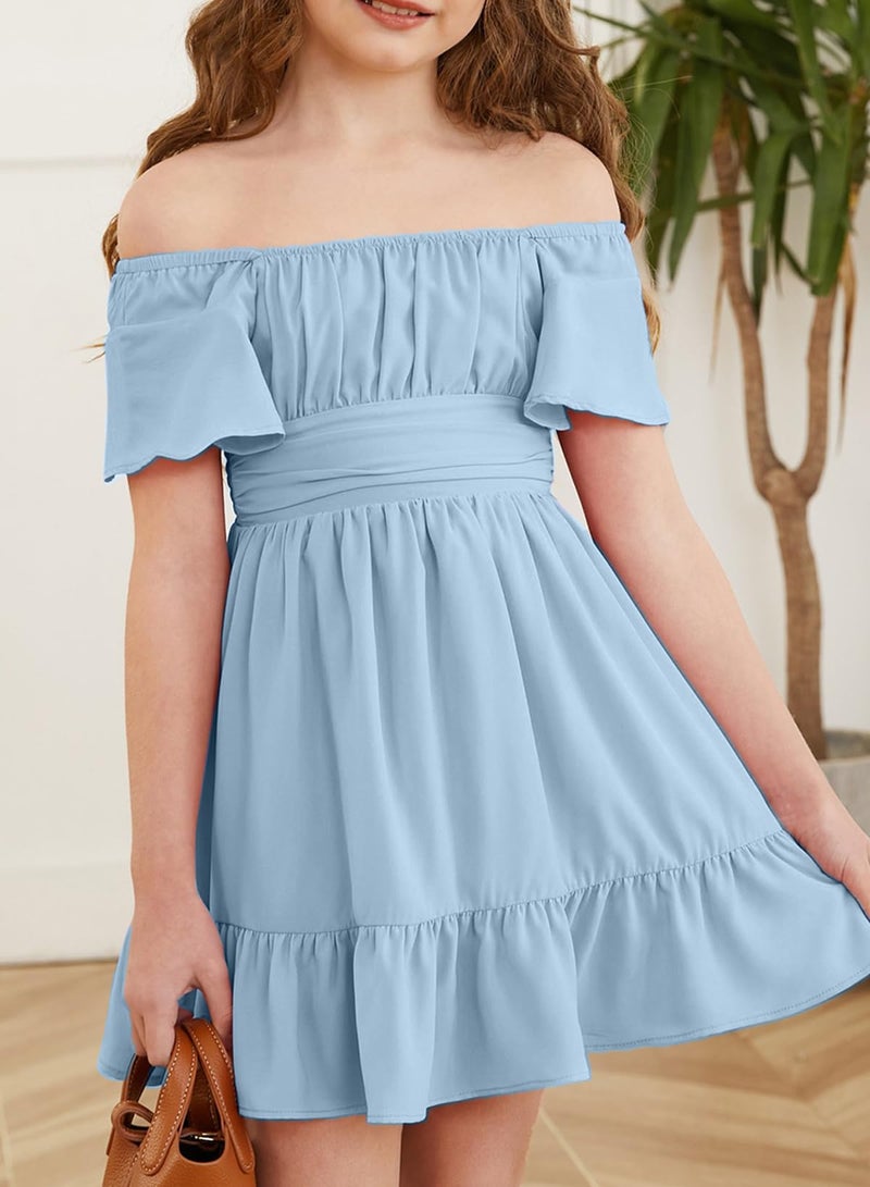 blibean Girls Summer Tie Back Dress Tween Kids Formal Boho Cold Shoulder Cute Dresses Ruffle Party Short Tulle Clothing Vestidos NiÃ±as Size 12-13 Years Old Baby Blue - Image 4