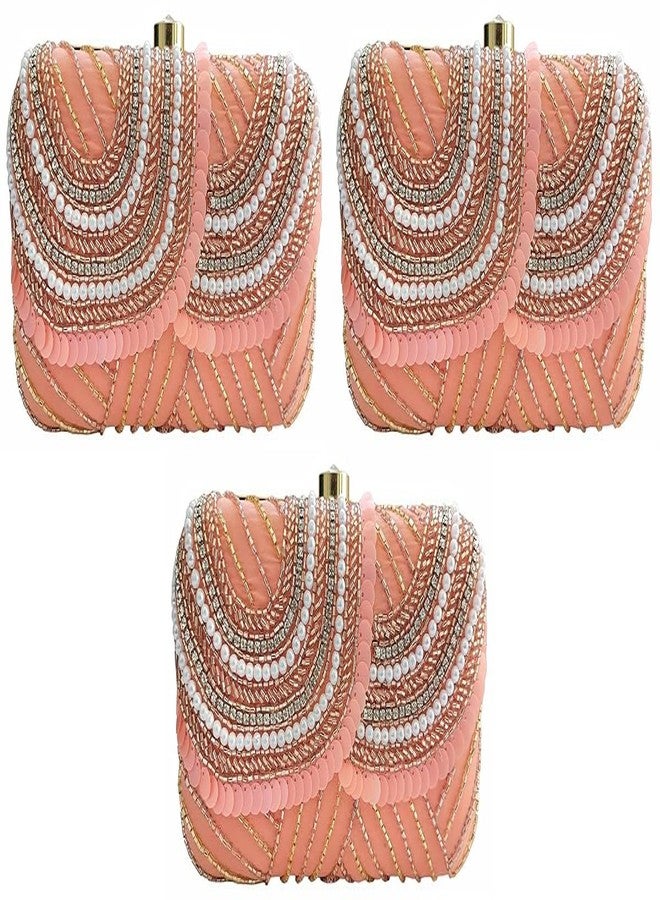 DUCHESS Women Hand Embroidered Sequins Dark Peach Box Clutch for Wedding Party (Pack of 3)