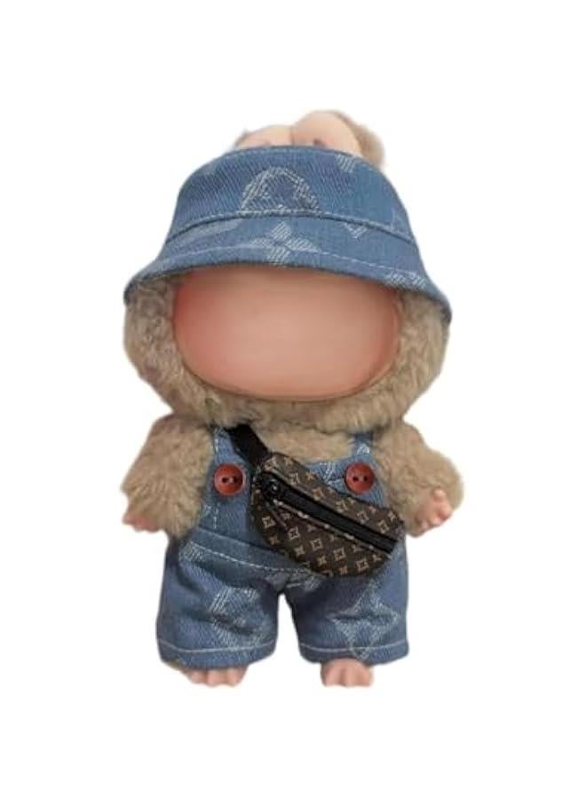 Clothes for Labubu (NO Doll) - Exquisite Luxury Designer Accessories Clothes for Labubu - 3 Piece Set(Hat+Jumpsuit+Bag) Suitable for Labubu 17 Cm Doll (Blue)  - Image 1