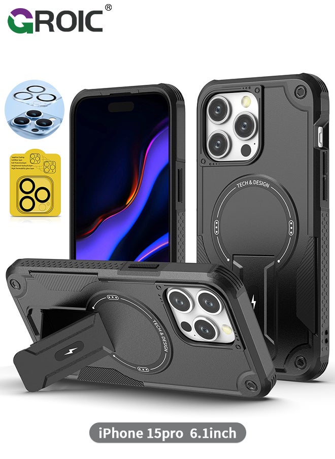 GROIC - Case for iPhone 15 Pro 6.1 Inch Case with 1 Pack Camera Lens Protector, Built-in Stand [Compatible with MagSafe] Shockproof Vertical and Horizontal Kickstand Phone Case for iPhone 15 Pro - Image 1