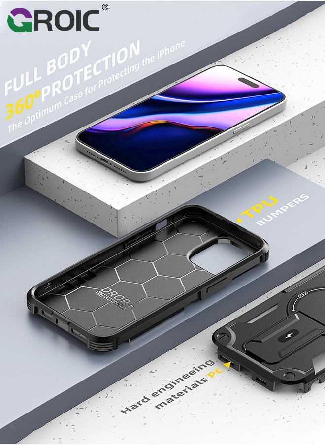GROIC - Case for iPhone 15 Pro 6.1 Inch Case with 1 Pack Camera Lens Protector, Built-in Stand [Compatible with MagSafe] Shockproof Vertical and Horizontal Kickstand Phone Case for iPhone 15 Pro - Image 1