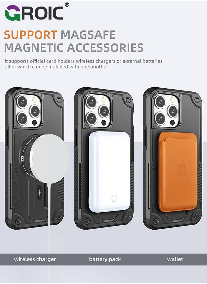 GROIC - Case for iPhone 15 Pro 6.1 Inch Case with 1 Pack Camera Lens Protector, Built-in Stand [Compatible with MagSafe] Shockproof Vertical and Horizontal Kickstand Phone Case for iPhone 15 Pro - Image 1