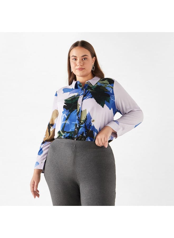 Ulla Popken Plus Size Ulla Popken All-Over Print Shirt with Collar and Long Sleeves  - Image 1