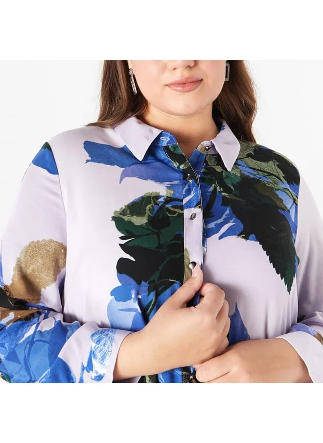 Ulla Popken Plus Size Ulla Popken All-Over Print Shirt with Collar and Long Sleeves