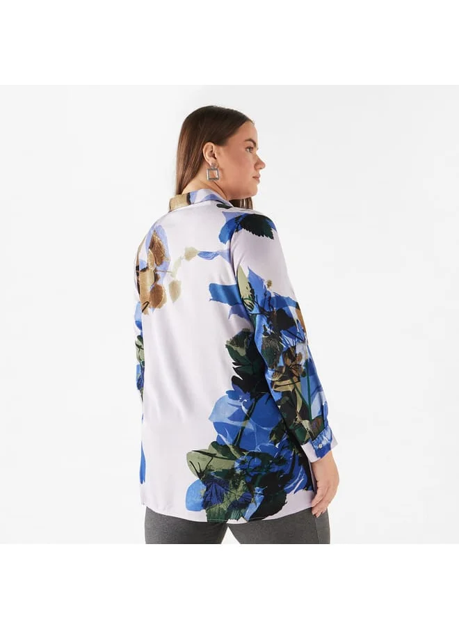 Ulla Popken Plus Size Ulla Popken All-Over Print Shirt with Collar and Long Sleeves