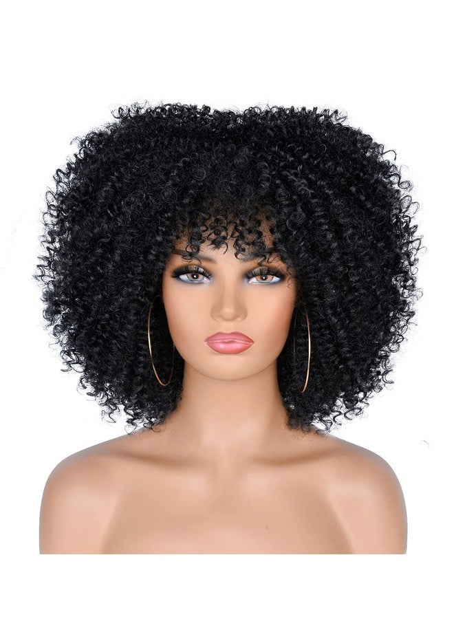 ANNISOUL 10Inch Short Curly Afro Wigs For Black Women Bomb Afro Kinky Curly Wig With Bangs Synthetic Fiber Full Wig(Black) - Image 2