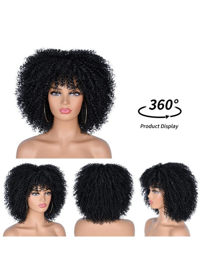 ANNISOUL 10Inch Short Curly Afro Wigs For Black Women Bomb Afro Kinky Curly Wig With Bangs Synthetic Fiber Full Wig(Black) - Image 5