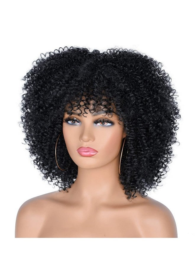 ANNISOUL 10Inch Short Curly Afro Wigs For Black Women Bomb Afro Kinky Curly Wig With Bangs Synthetic Fiber Full Wig(Black) - Image 4