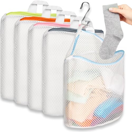 Cociat 5Pcs Hanging Laundry Bags for Socks with S Hooks,12 X 10 inch 5 Color Mesh Laundry Bags for Washing Machine - Image 1