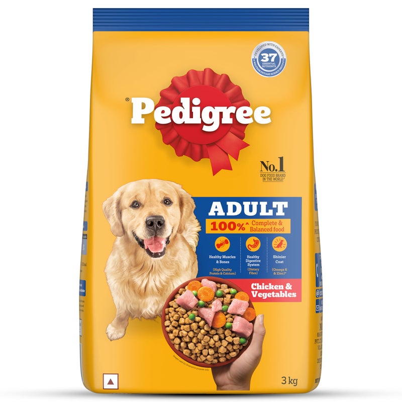 Pedigree طعام جاف للكلاب البالغة من بيديجري، دجاج وخضروات، 3 كجم، يحتوي على 37 عنصر غذائي أساسي، طعام متكامل ومتوازن 100% للكلاب البالغة - Image 1