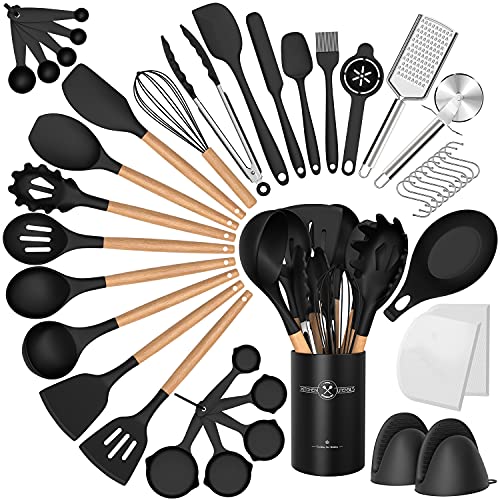 CACOLES Silicone Cooking Utensils Set, 43Pcs Non-Stick Heat Resistant Kitchen Utensils Spatula Set with Wooden Handle for Baking, Cooking, and Mixing, Best Kitchen Gadgets Tools with Holder (Black) - Image 1
